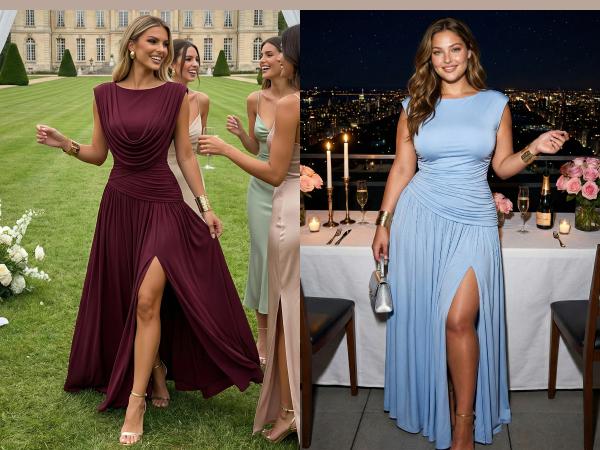 CurvySweet Athena Women's Sleeveless Convertible Cowl Neck Ruched Waist Slim Fit Maxi Dress for Wedding Guest Cocktail Party Evening summerwins