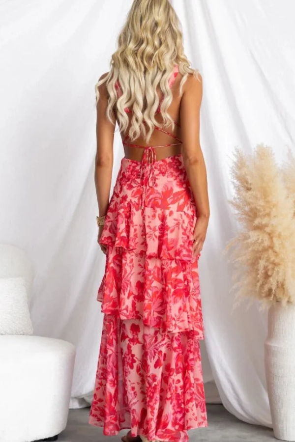 Open-Back Ruffle Floral Sling Dress
