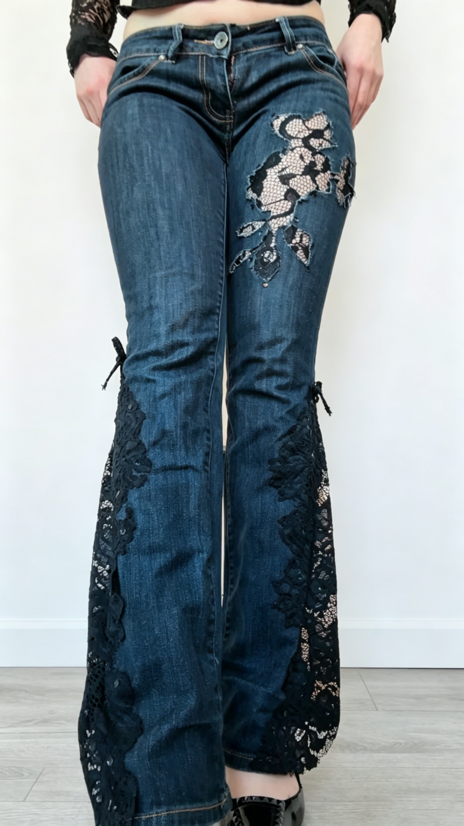 Lace-Inset Flare Jeans