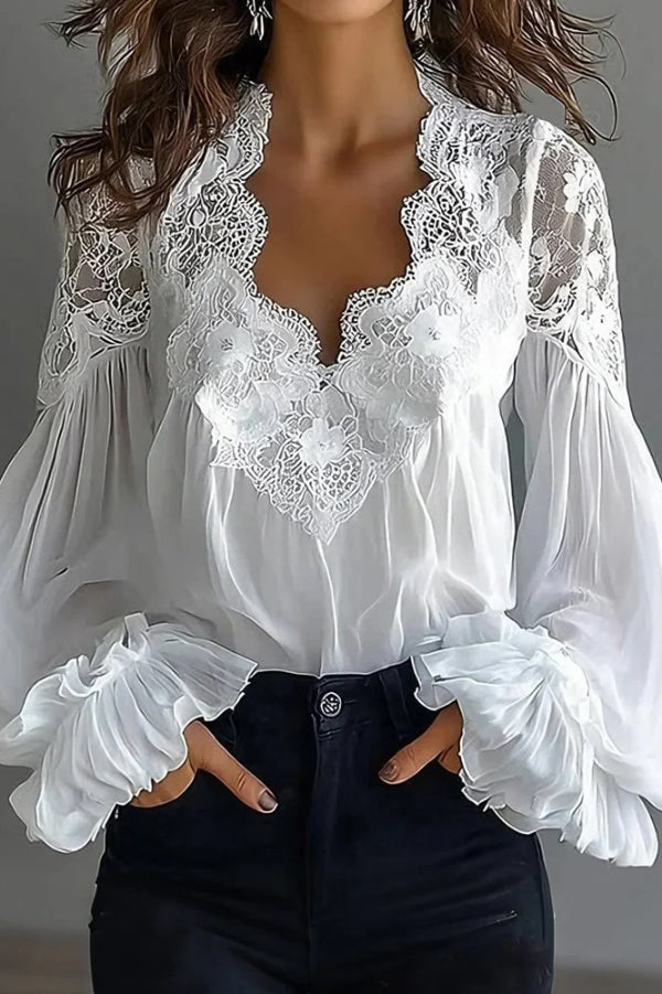 Fashionable Patchwork Lace V-neck Puff Sleeve Loose Shirt