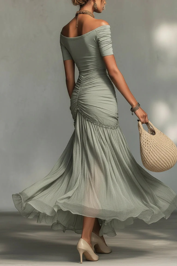 Stretch Fabric And Chiffon Maxi Dress