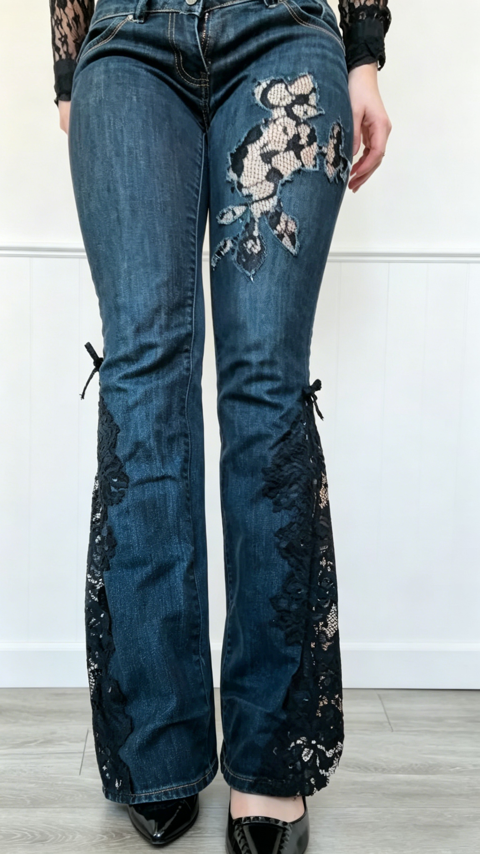 Lace-Inset Flare Jeans