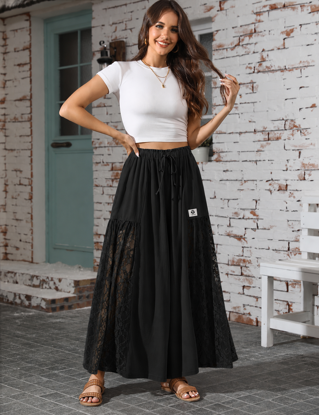 Linen Wide Leg Patchwork Lace Detail Flowy Pant