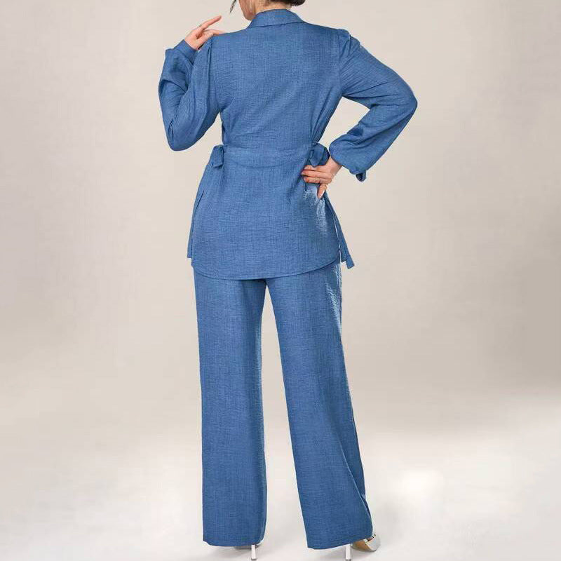 Puff-sleeved, fitted waist tie top + high-waisted wide-leg pants