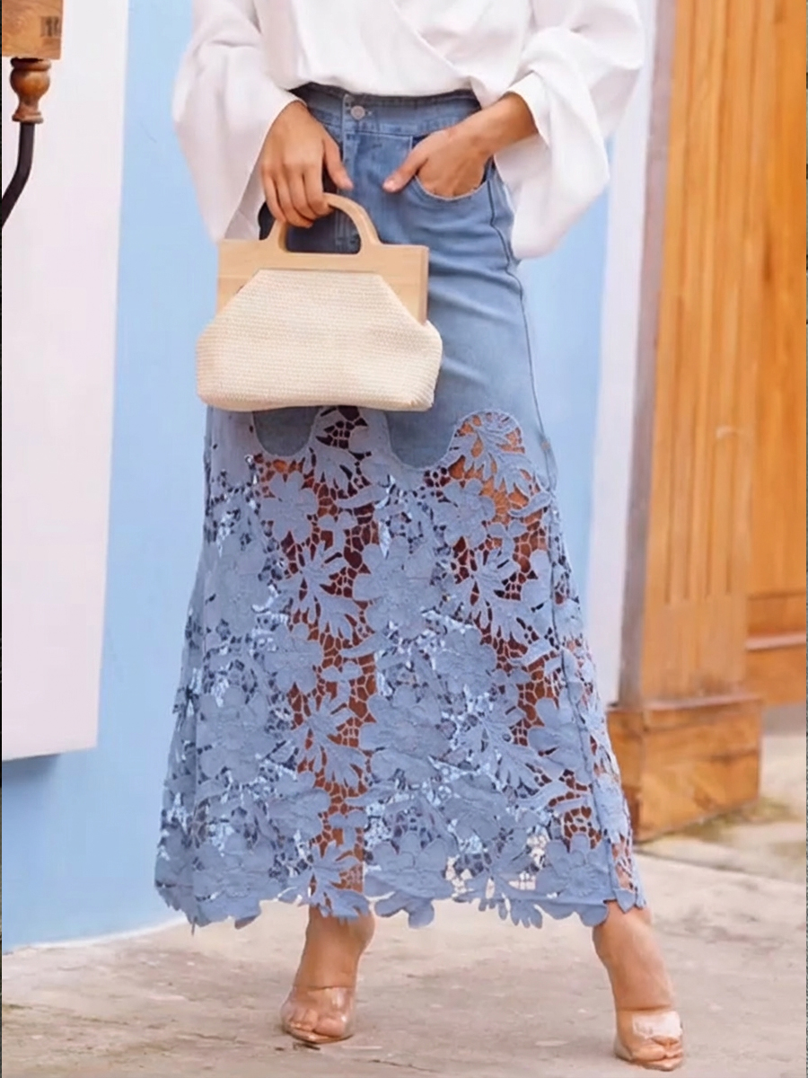 Stylish And Casual Patchwork Lace Denim Skirt