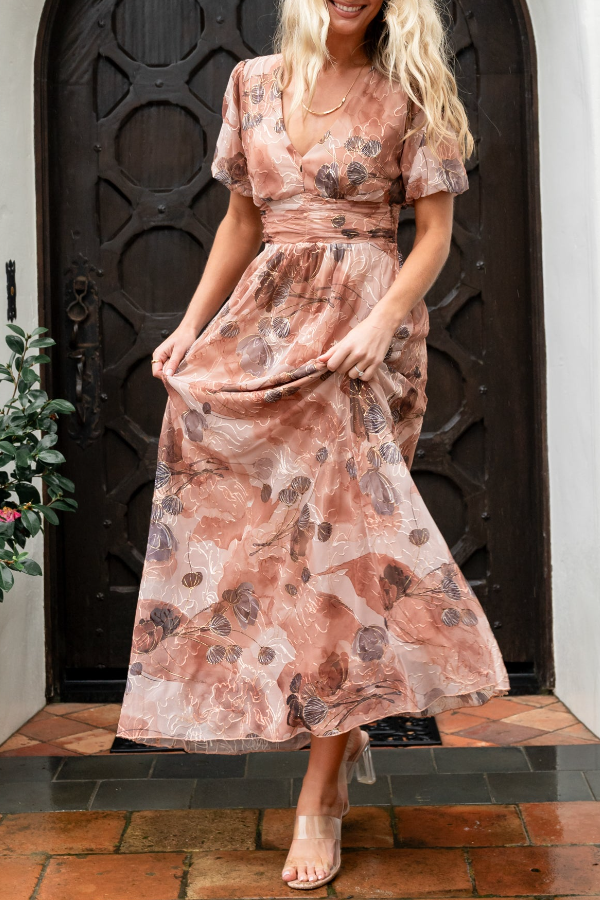 Ladies' Printed Waist Cinching And Large Swing Dress