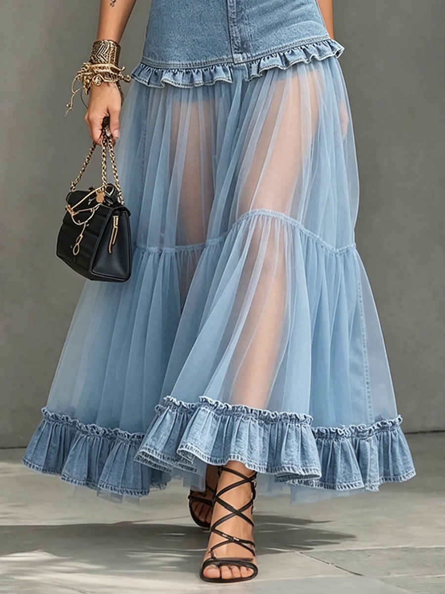 Organza Panel Sheer Contrast Denim Skirt