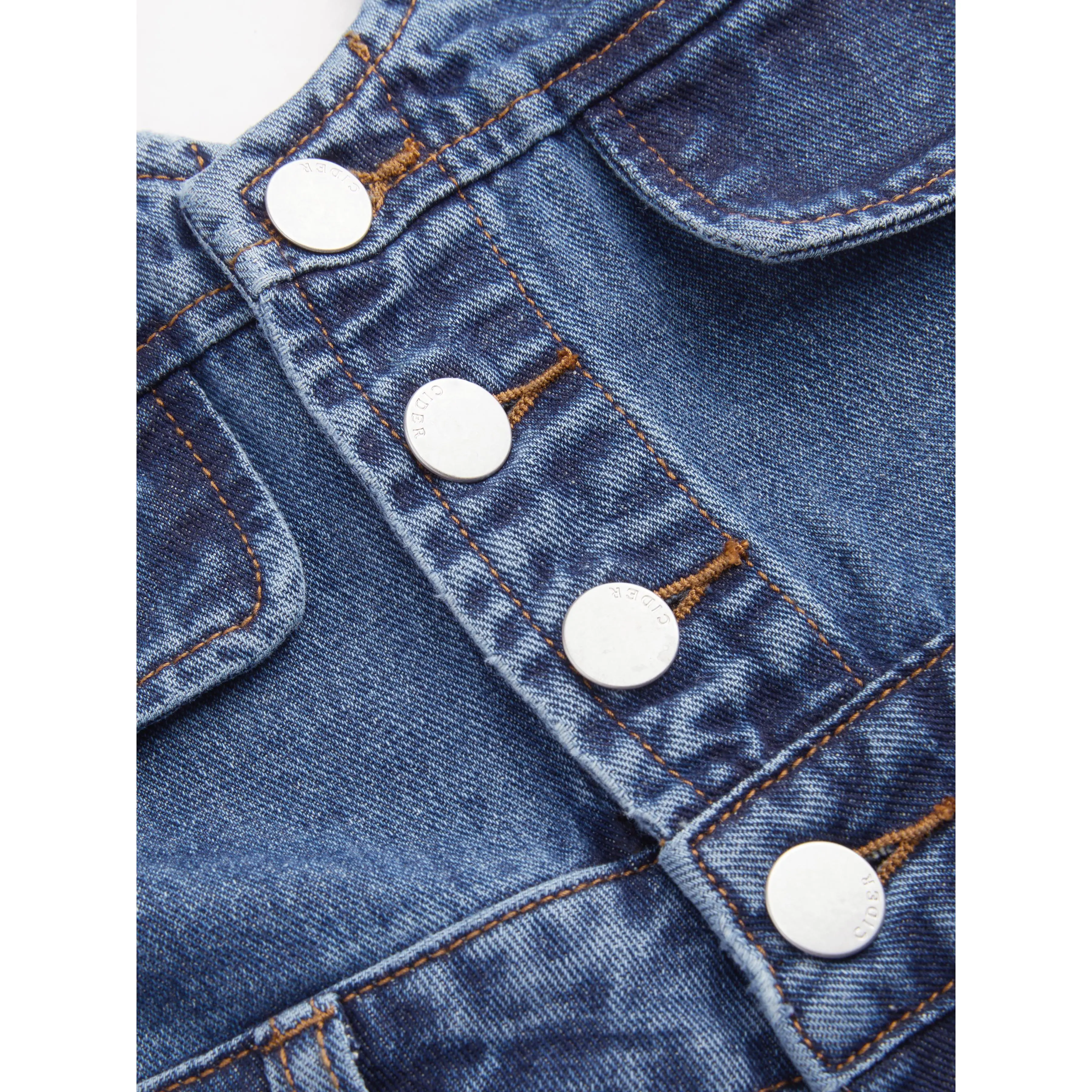 Denim V-neck Button & Pocket Wide Leg Jumpsuit