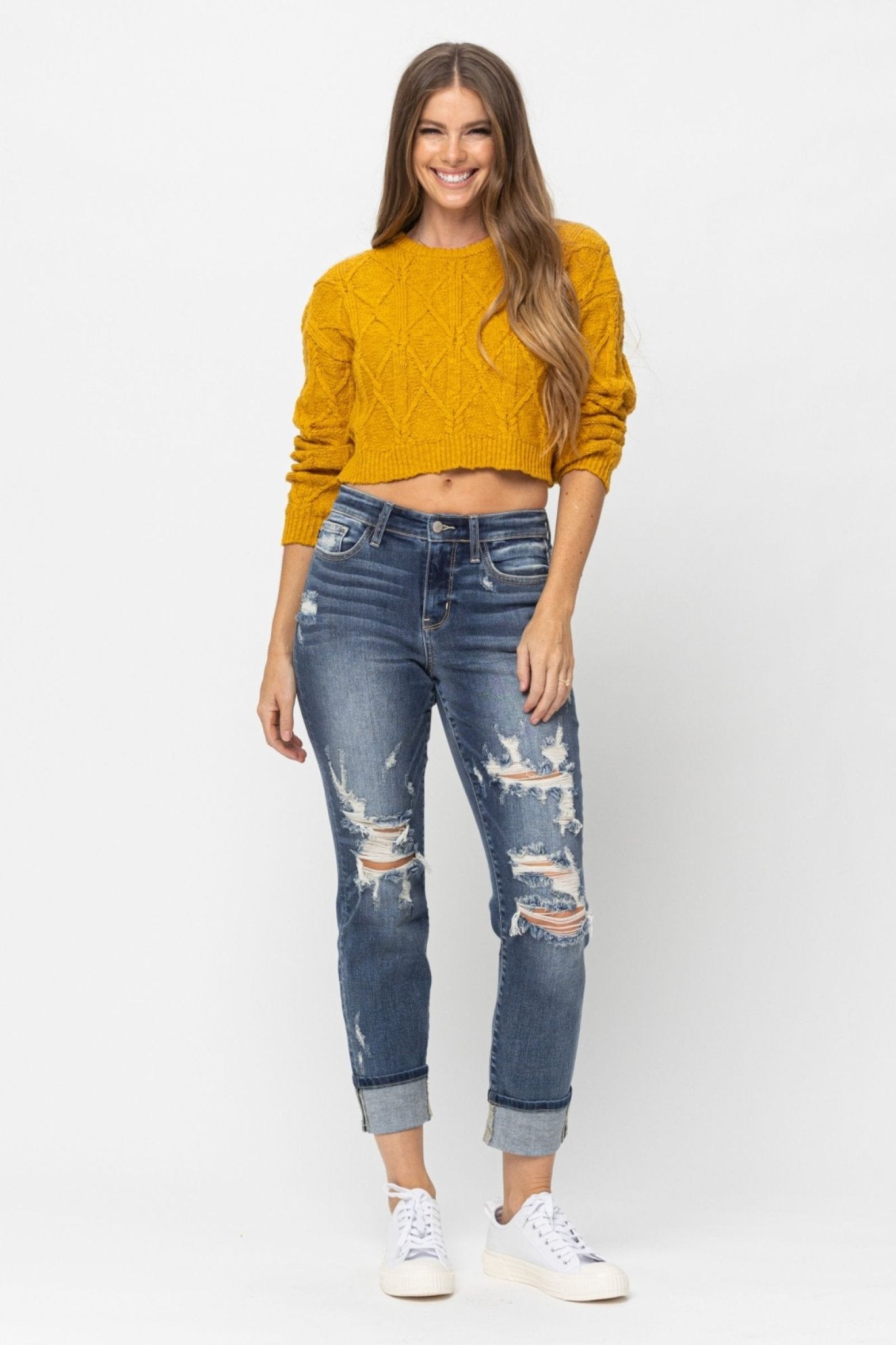 Mid-Rise Destroyed Cuffed Boyfriend Skinny Jeans