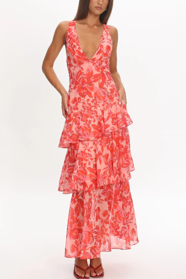 Open-Back Ruffle Floral Sling Dress
