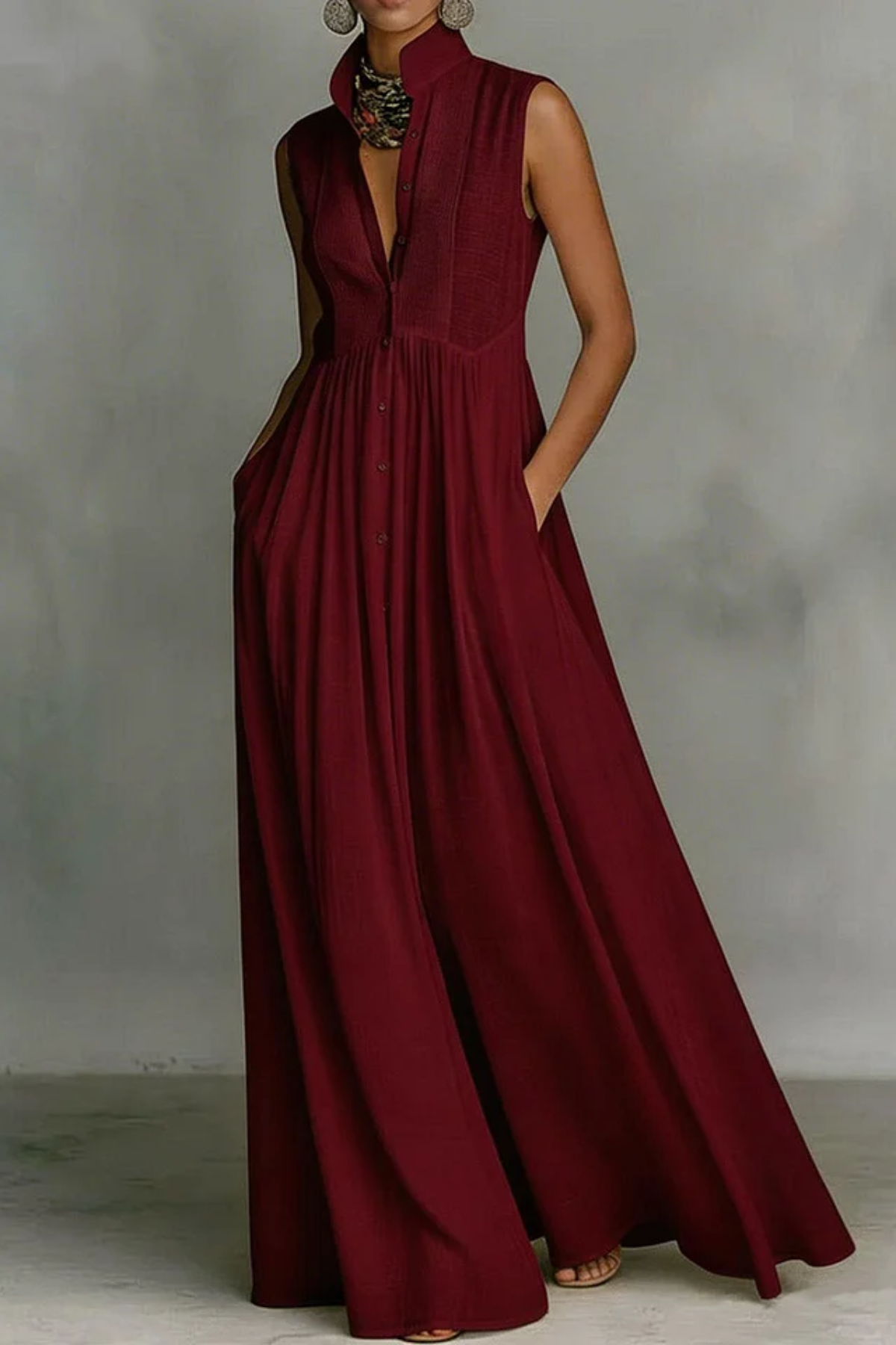 Women's Solid Color Stand Collar Sleeveless Casual Loose Cotton Linen Dress