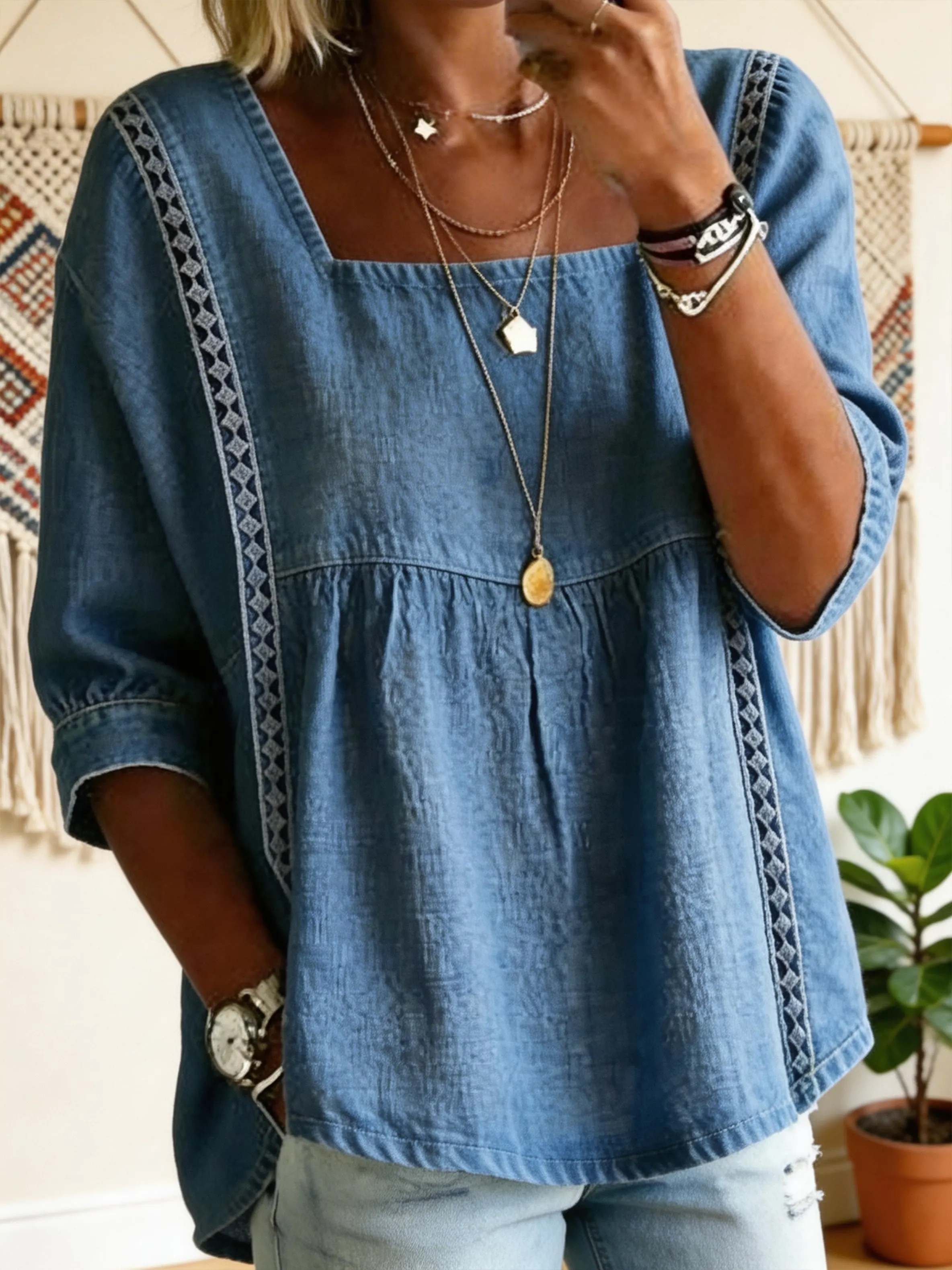 Women's Square Neck Cotton-linen Blend Long Sleeve Top