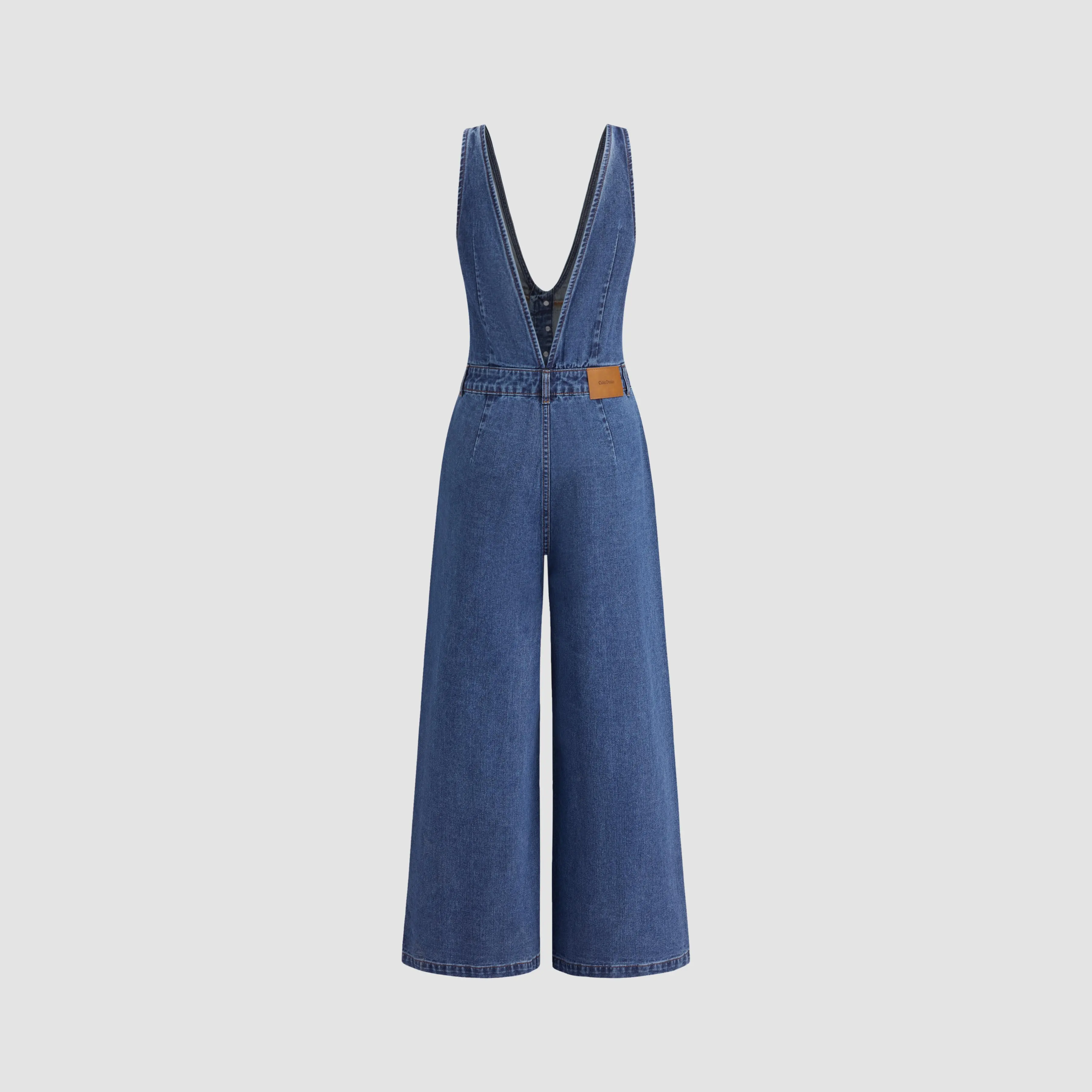 Denim V-neck Button & Pocket Wide Leg Jumpsuit