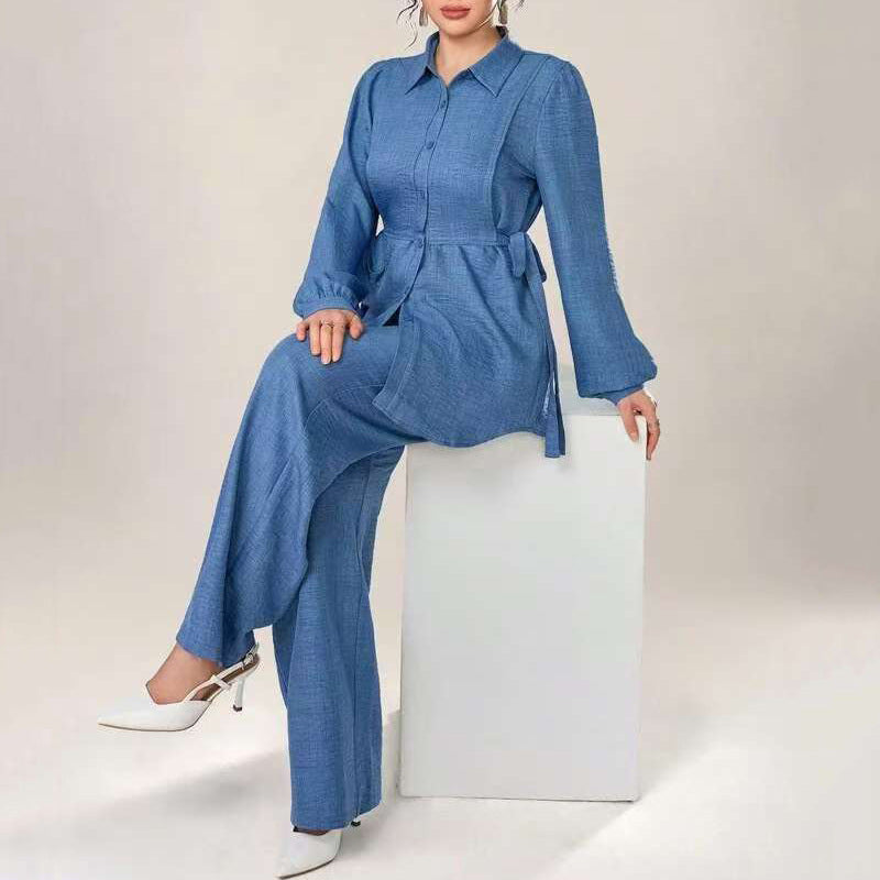 Puff-sleeved, fitted waist tie top + high-waisted wide-leg pants