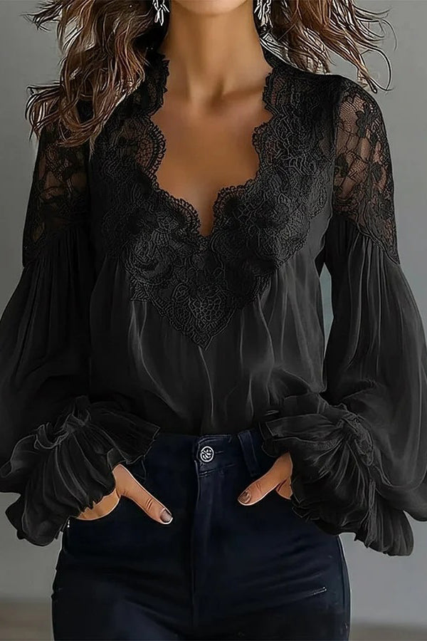 Fashionable Patchwork Lace V-neck Puff Sleeve Loose Shirt