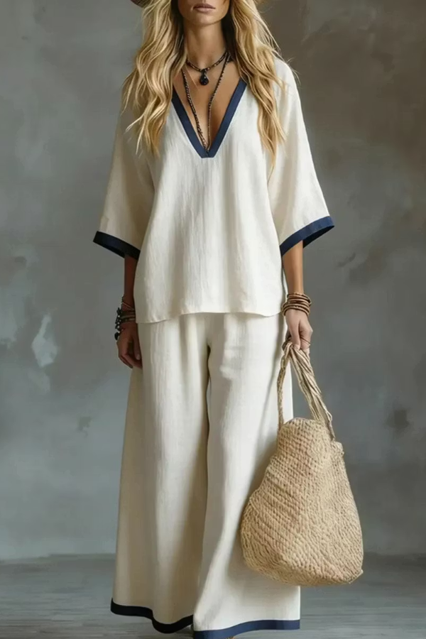 Women's Solid Color V-Neck Set
