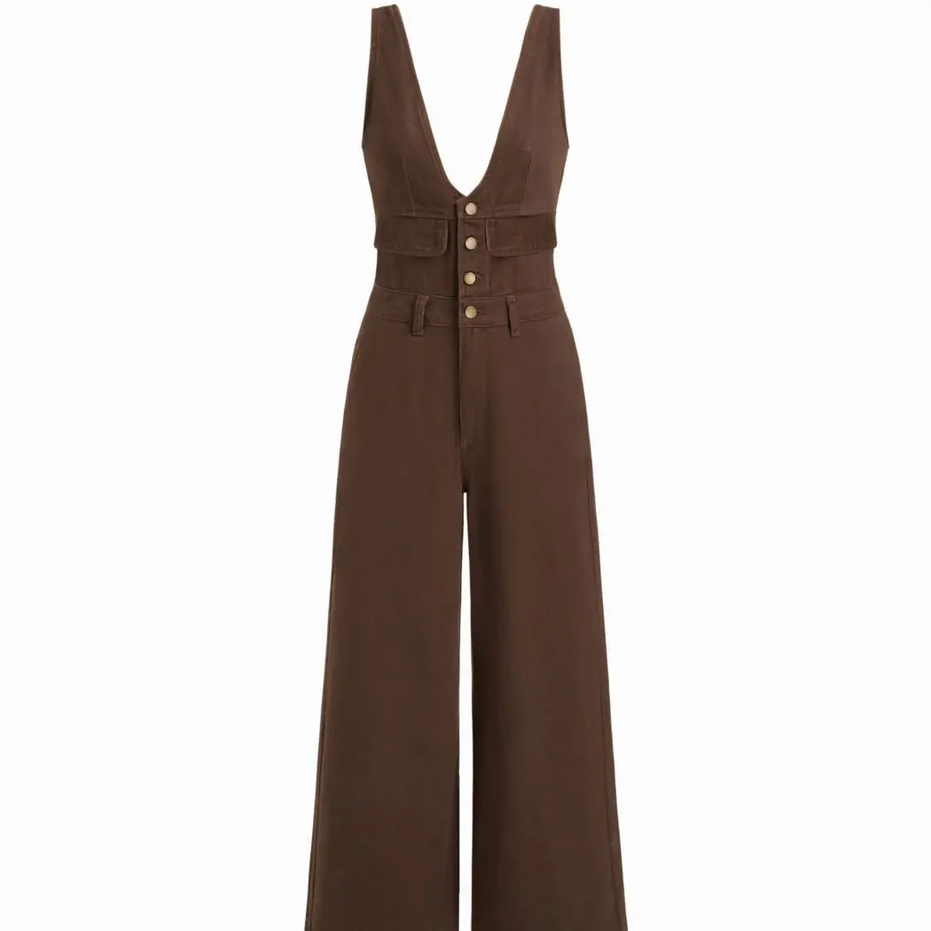 Denim V-neck Button & Pocket Wide Leg Jumpsuit