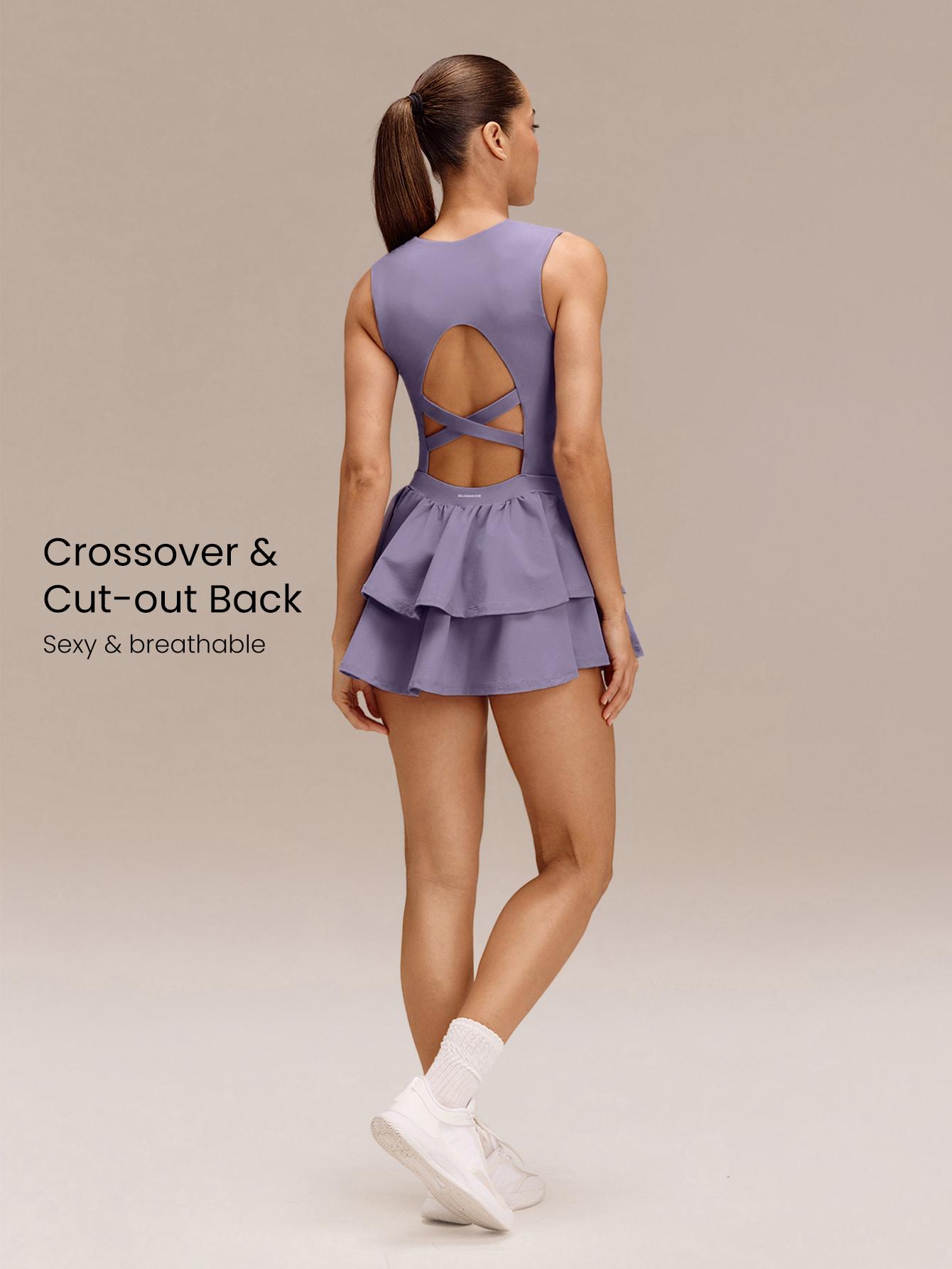GLOWMODE Game On Buttery-Soft Quick-Dry Removable Cups Built-In Shorts Side Pockets Squareneck Cutout Back Tiered Tennis Dress Golf Pickleball Workout Gym Daily Casual Wear