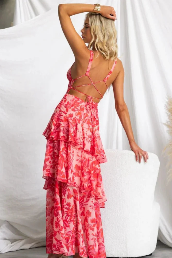 Open-Back Ruffle Floral Sling Dress