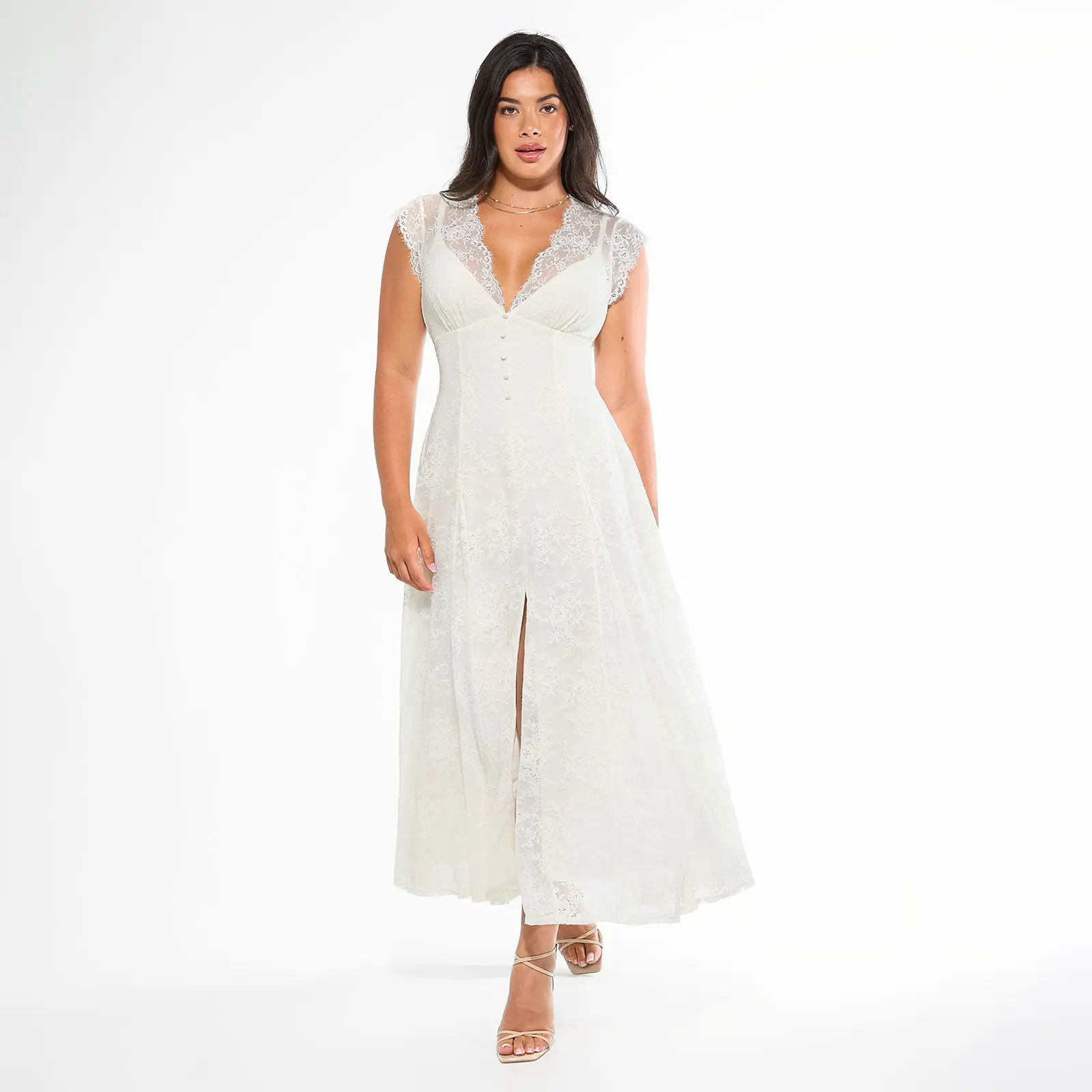 Boho Floral Lace Front Slit Maxi Dress