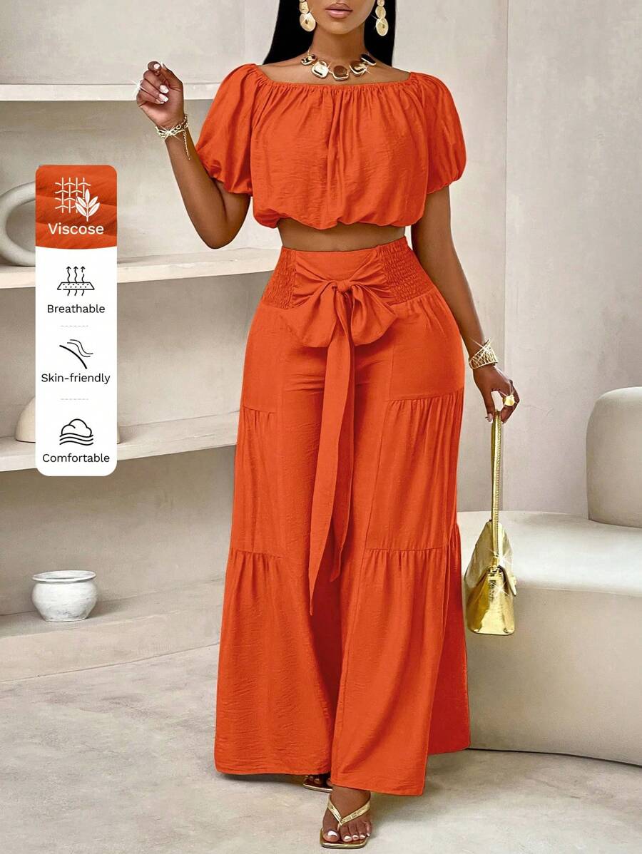 Women's Solid Color Top Wide Leg Pants Set