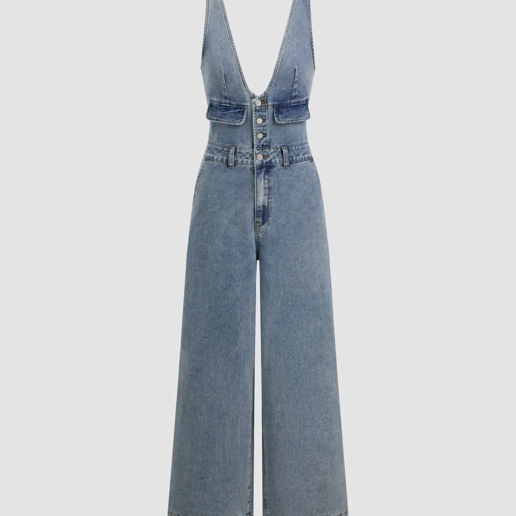 Denim V-neck Button & Pocket Wide Leg Jumpsuit