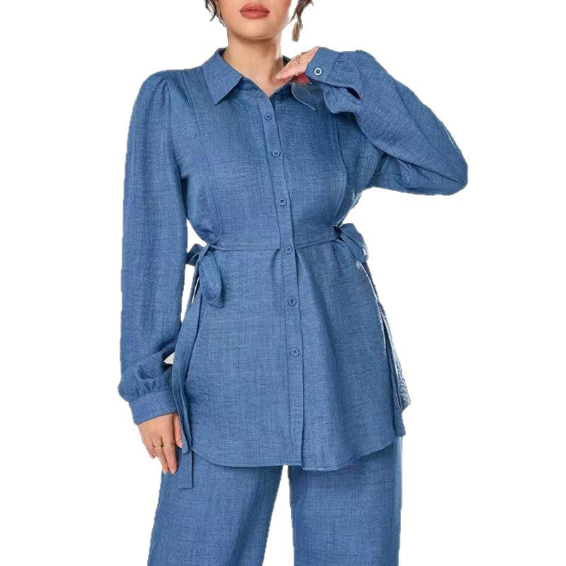 Puff-sleeved, fitted waist tie top + high-waisted wide-leg pants