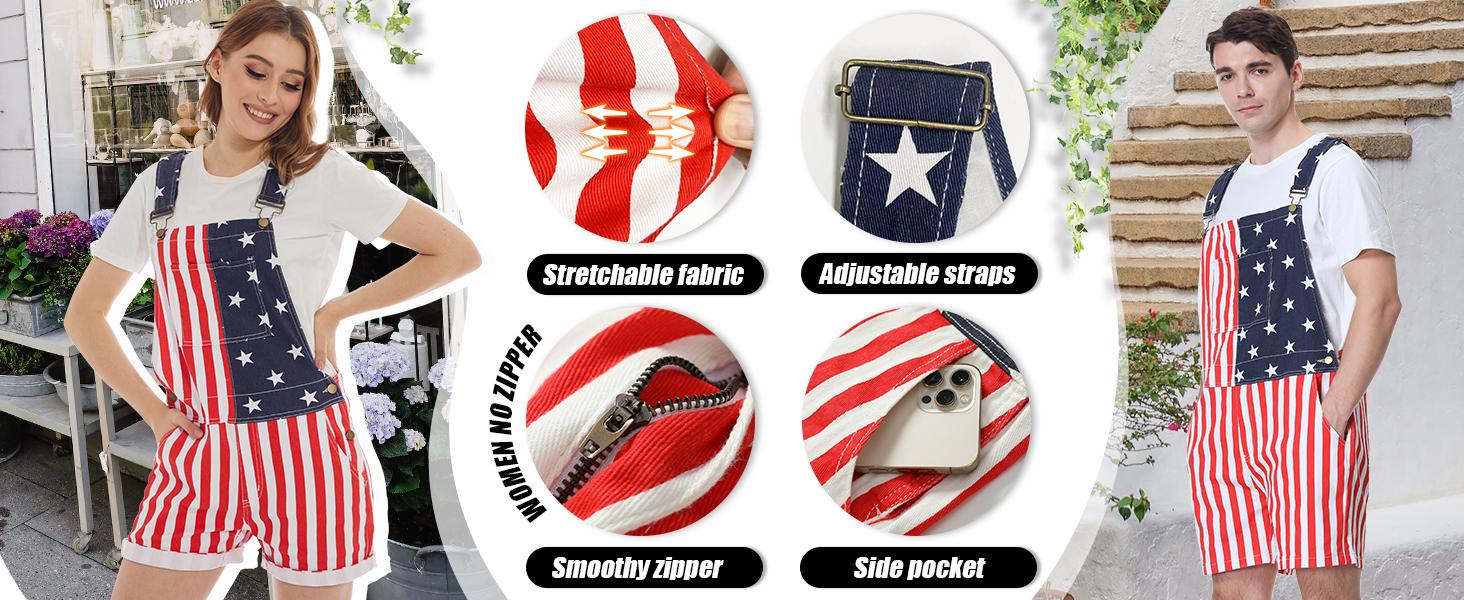 Yuanbang 4th of July American Flag Overalls for Men and Women Unisex USA 250th Anniversary Shorts Stretchy Denim Romper Memorial Day Coveralls Patriotic Gifts Summer Wins Wear Independence Day Jumpsuits Fashion Father's Day BBQ Outdoor Menswear