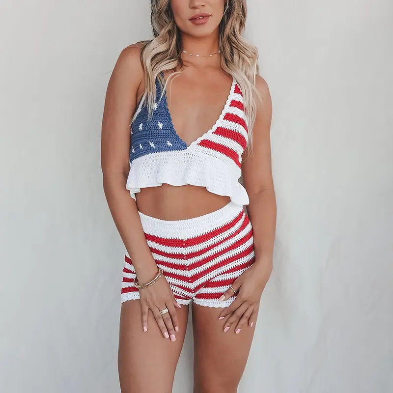 Women's 4th of July Knit Outfits Stripe Star Halter Neck Ruffled Tank Tops + Shorts