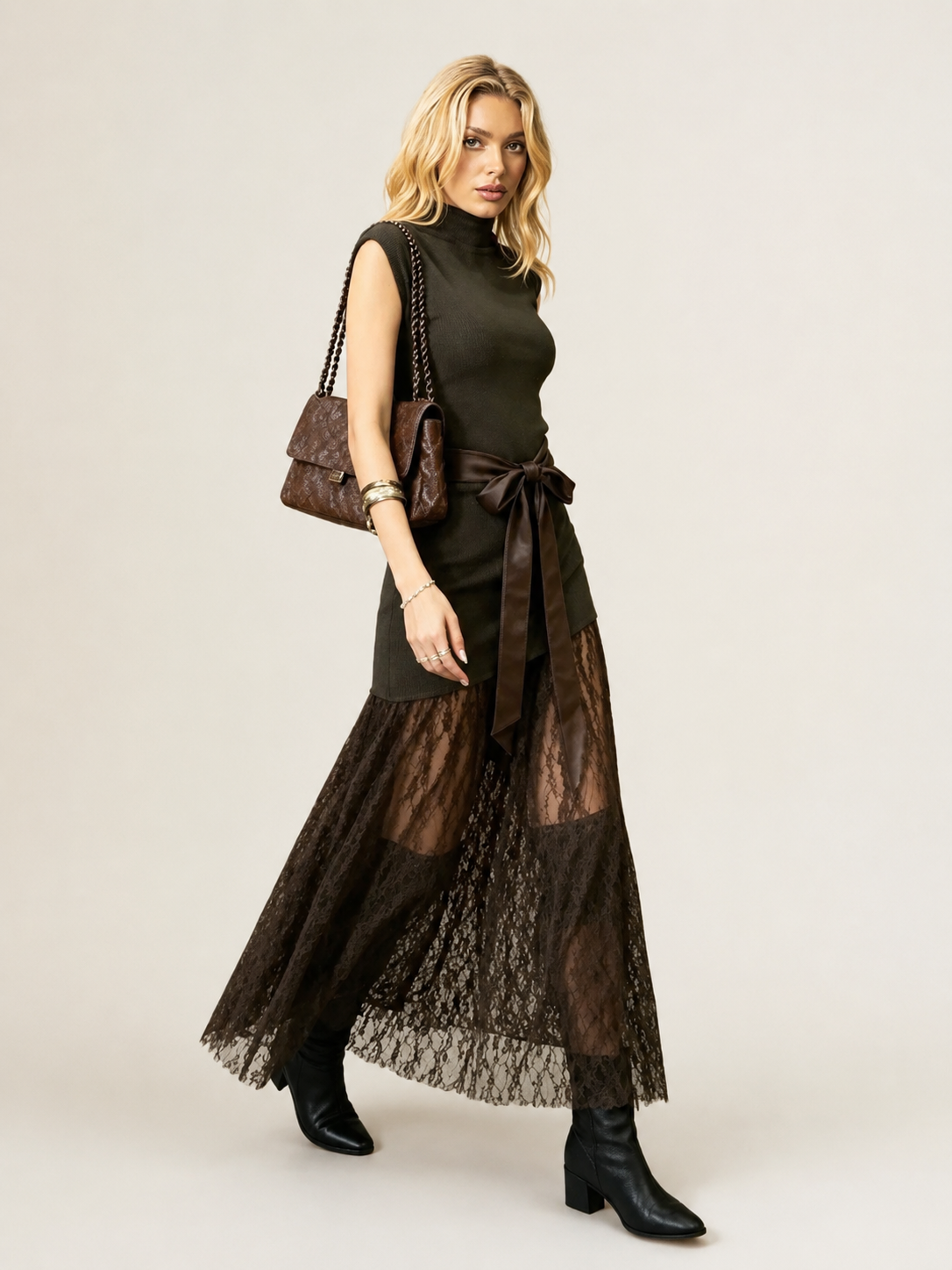 Sleeveless Lace Panel Maxi Dress