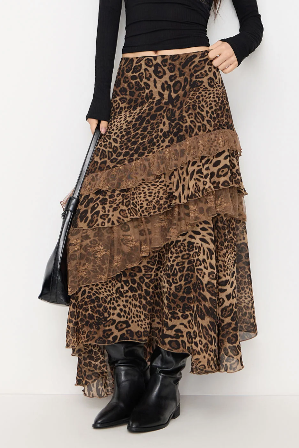 Lace-panelled Midi Skirt With Ruffled Hem