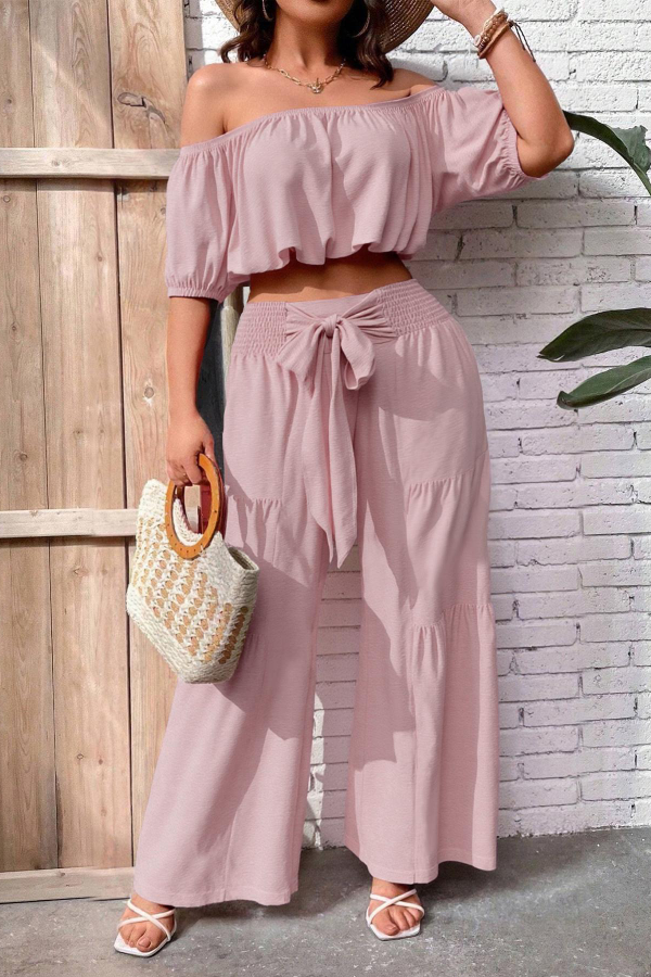 Women's Solid Color Top Wide Leg Pants Set