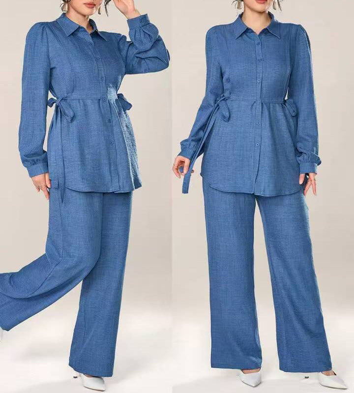 Puff-sleeved, fitted waist tie top + high-waisted wide-leg pants