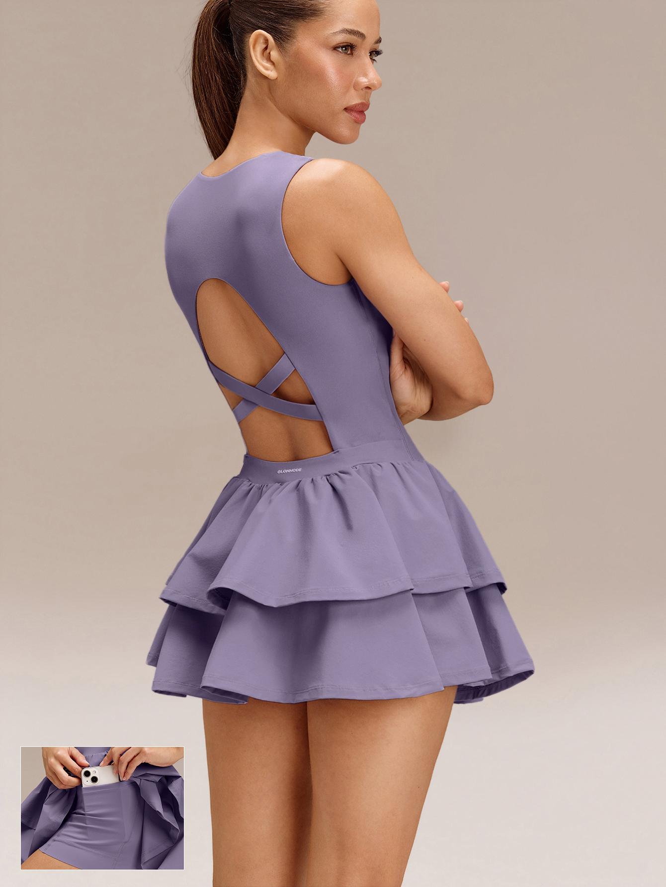 GLOWMODE Game On Buttery-Soft Quick-Dry Removable Cups Built-In Shorts Side Pockets Squareneck Cutout Back Tiered Tennis Dress Golf Pickleball Workout Gym Daily Casual Wear