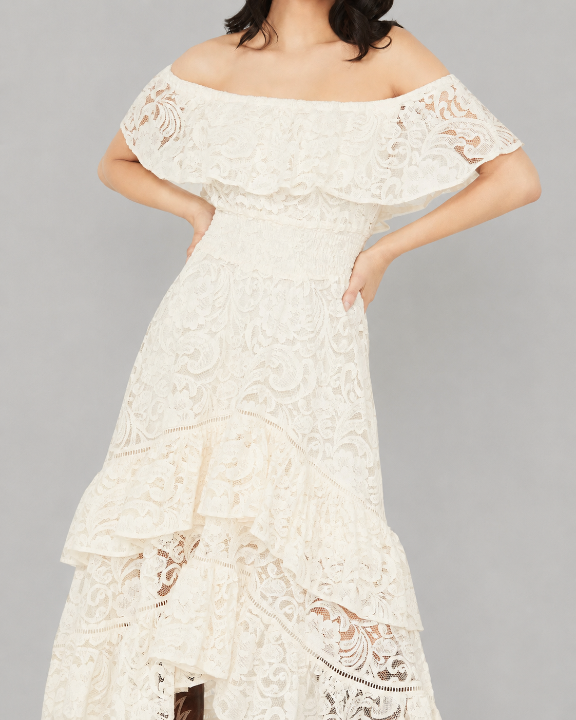 shyanne women's lace off the shoulder high-low dress Shyanne Women's Off-Shoulder Tiered Lace Dress