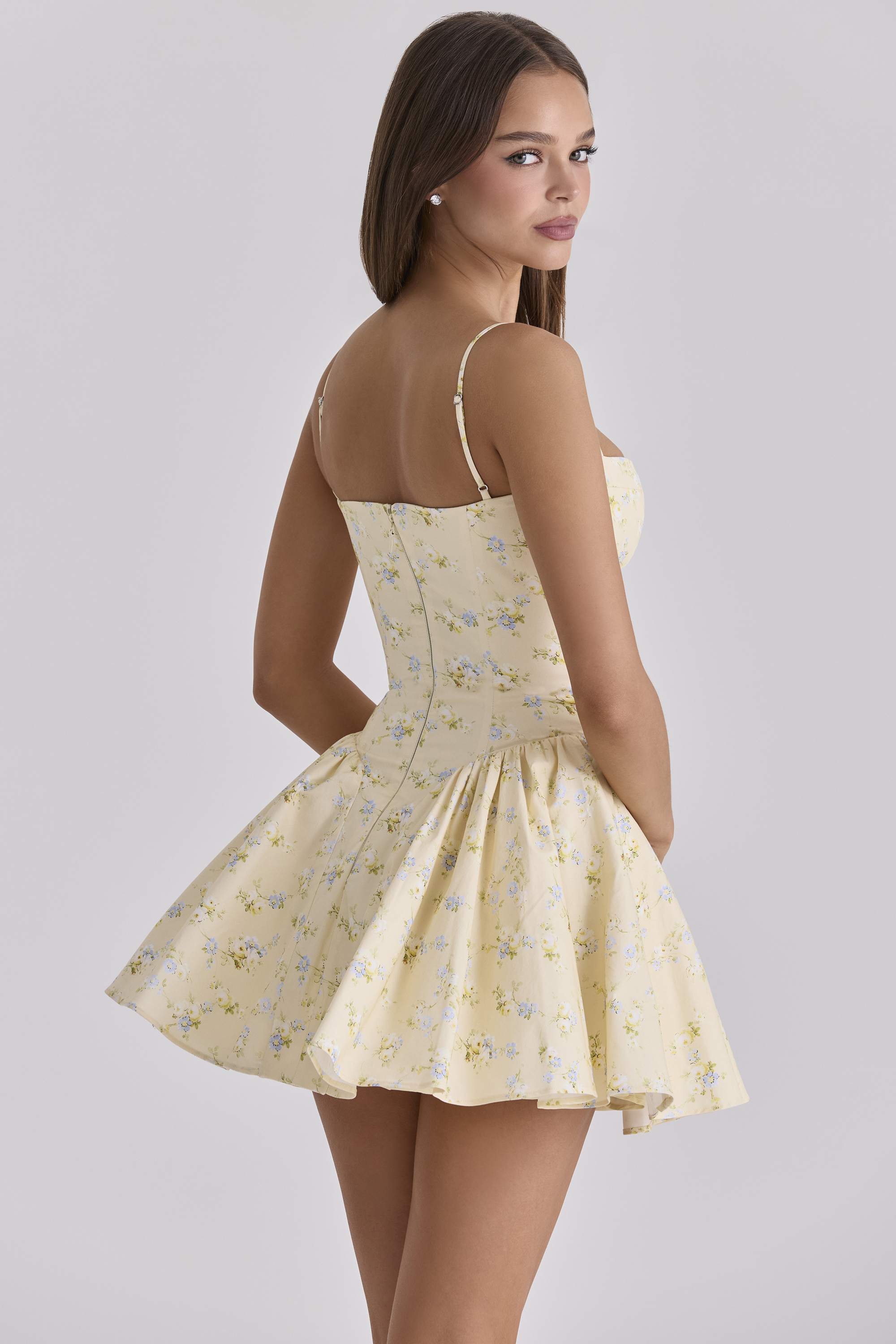 Lemon Floral Print Cotton Corset Mini Dress