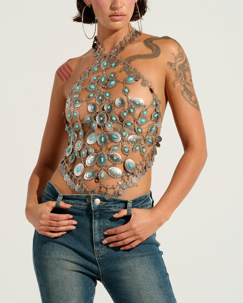 Western Cowboy Retro Turquoise Inlaid Decorative Body Chain