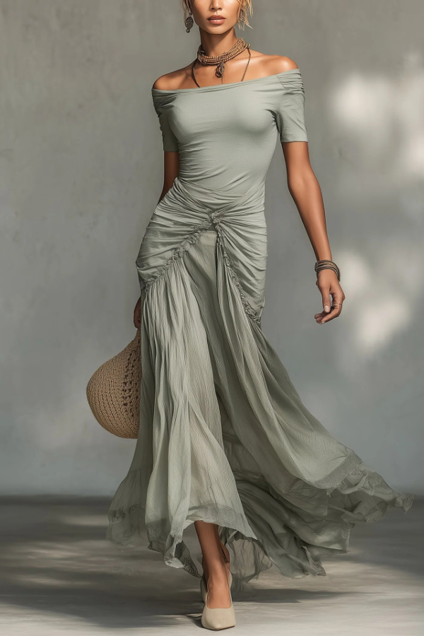 Stretch Fabric And Chiffon Maxi Dress
