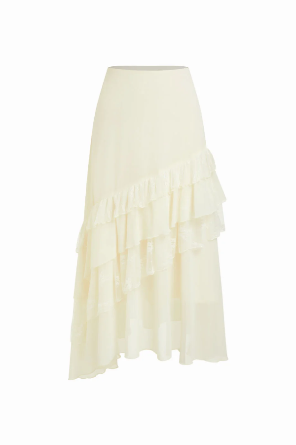 Lace-panelled Midi Skirt With Ruffled Hem