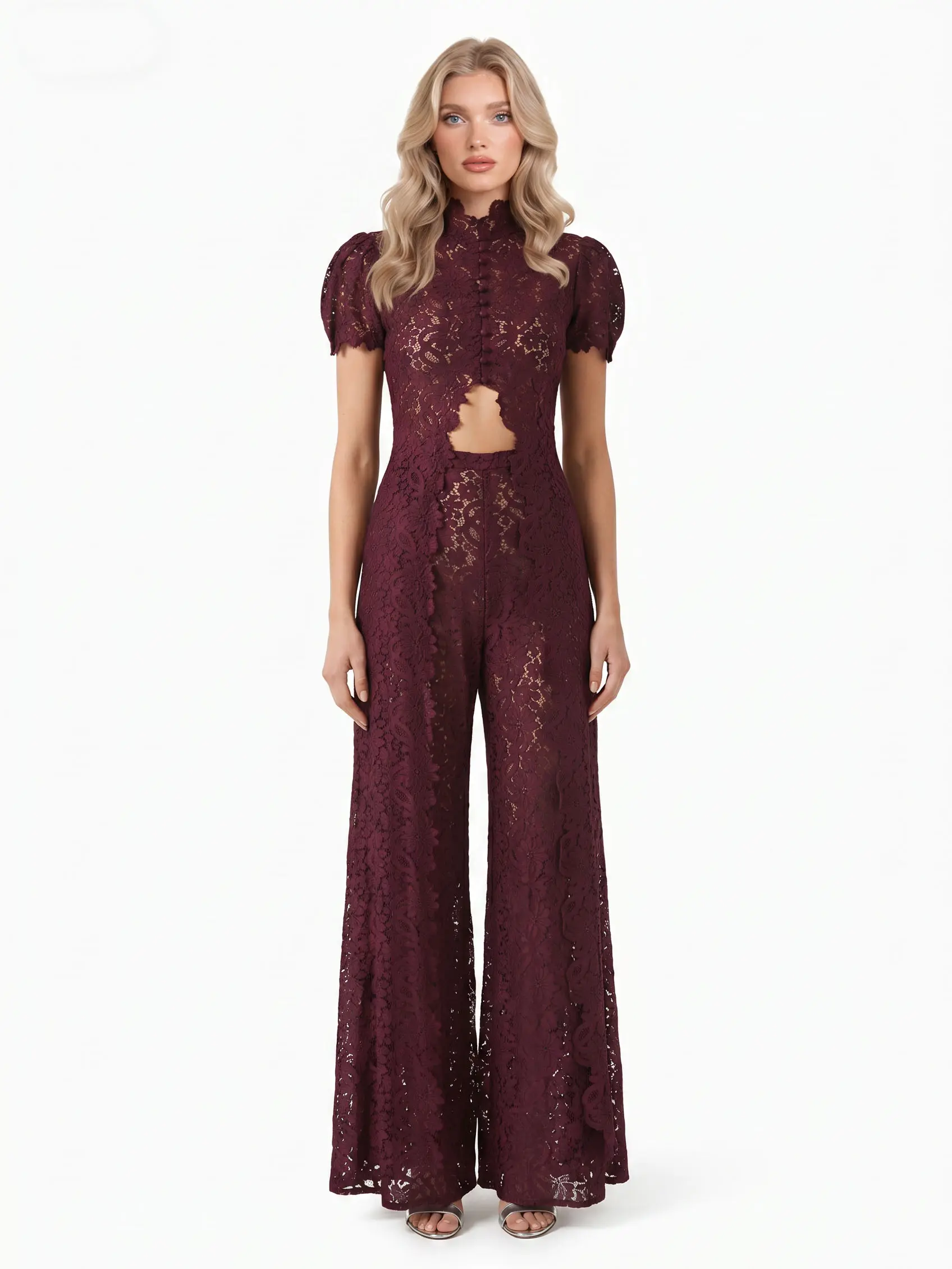 Lace Long-sleeved Top And Wide-leg Pants Set