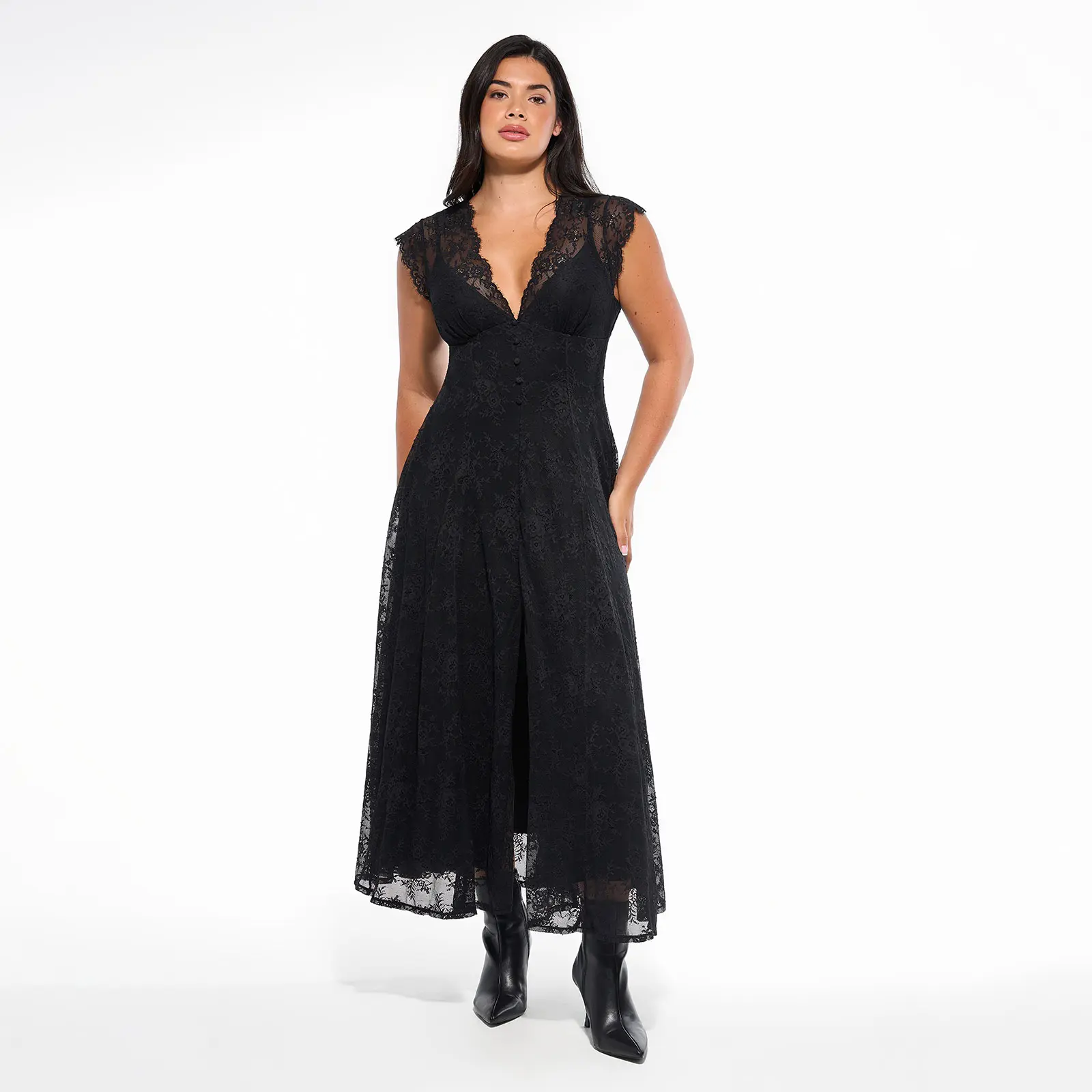 Boho Floral Lace Front Slit Maxi Dress