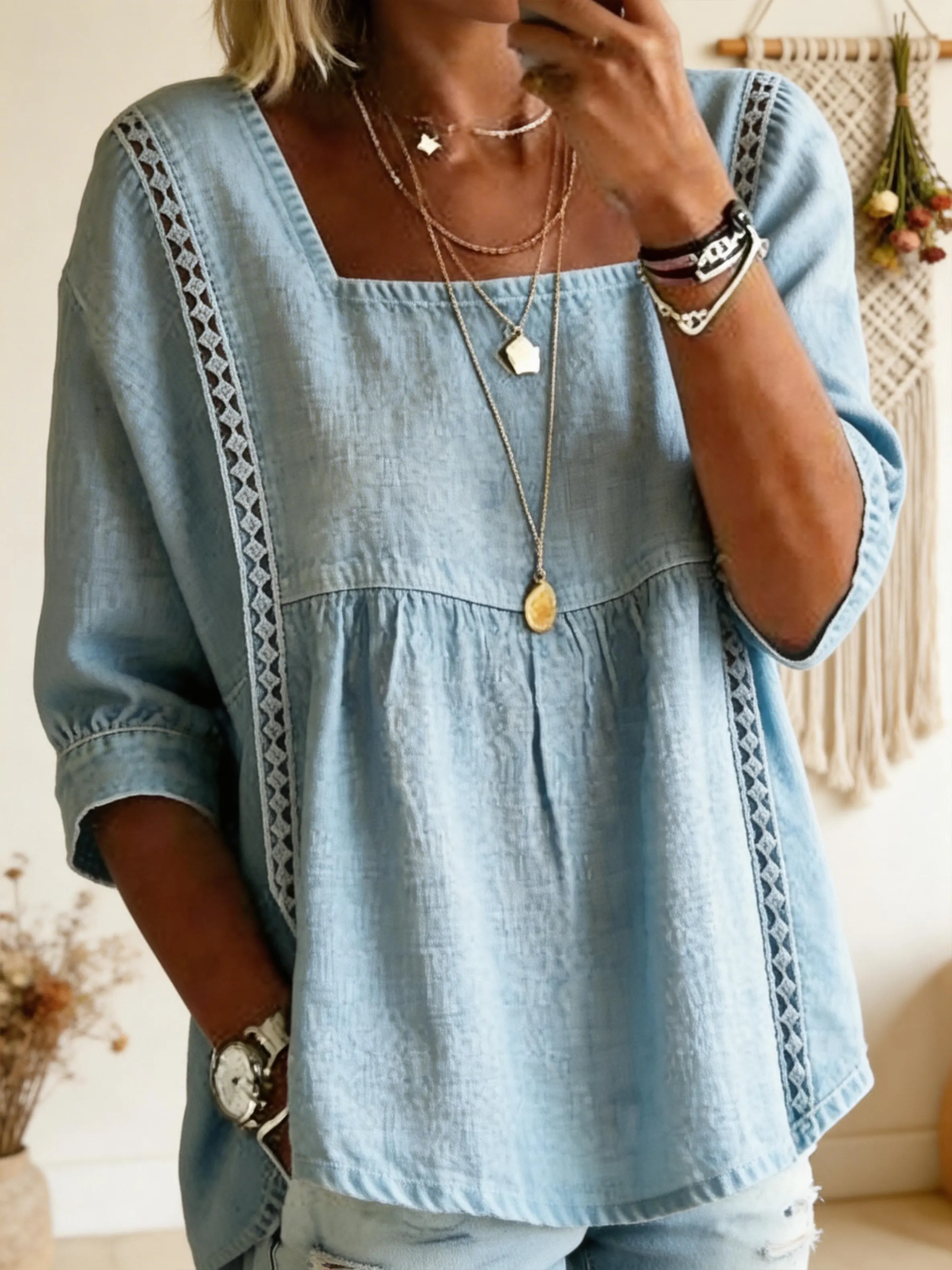 Women's Square Neck Cotton-linen Blend Long Sleeve Top