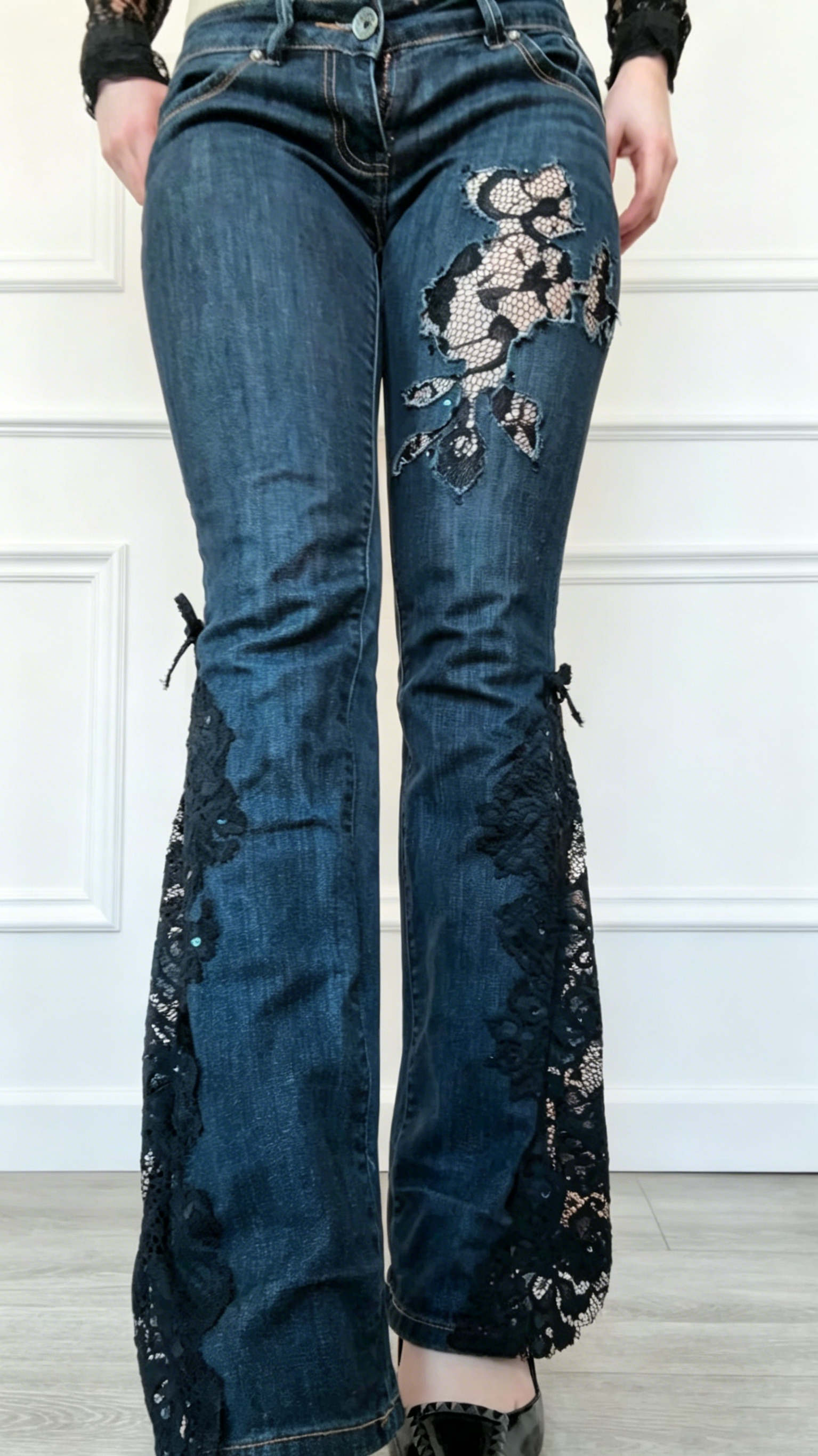 Lace-Inset Flare Jeans