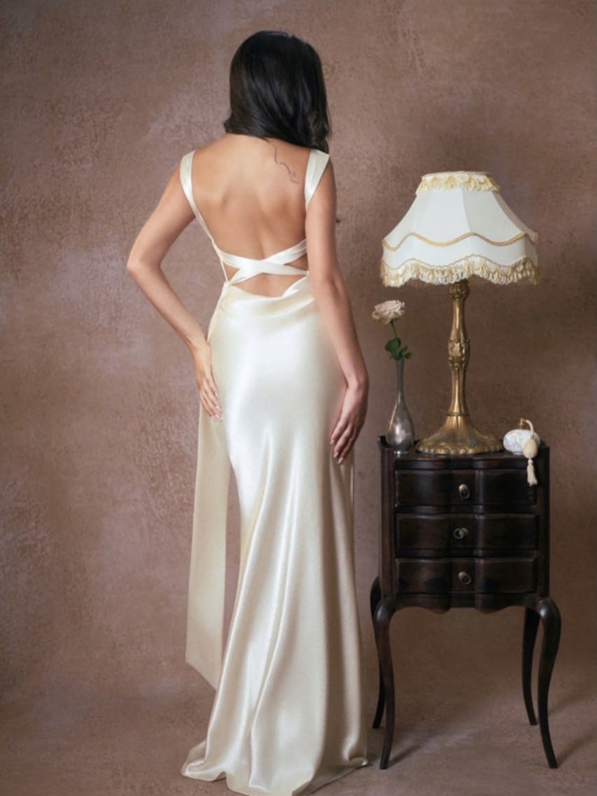 Pure Silk Satin Backless Cross-Strap Maxi Dress