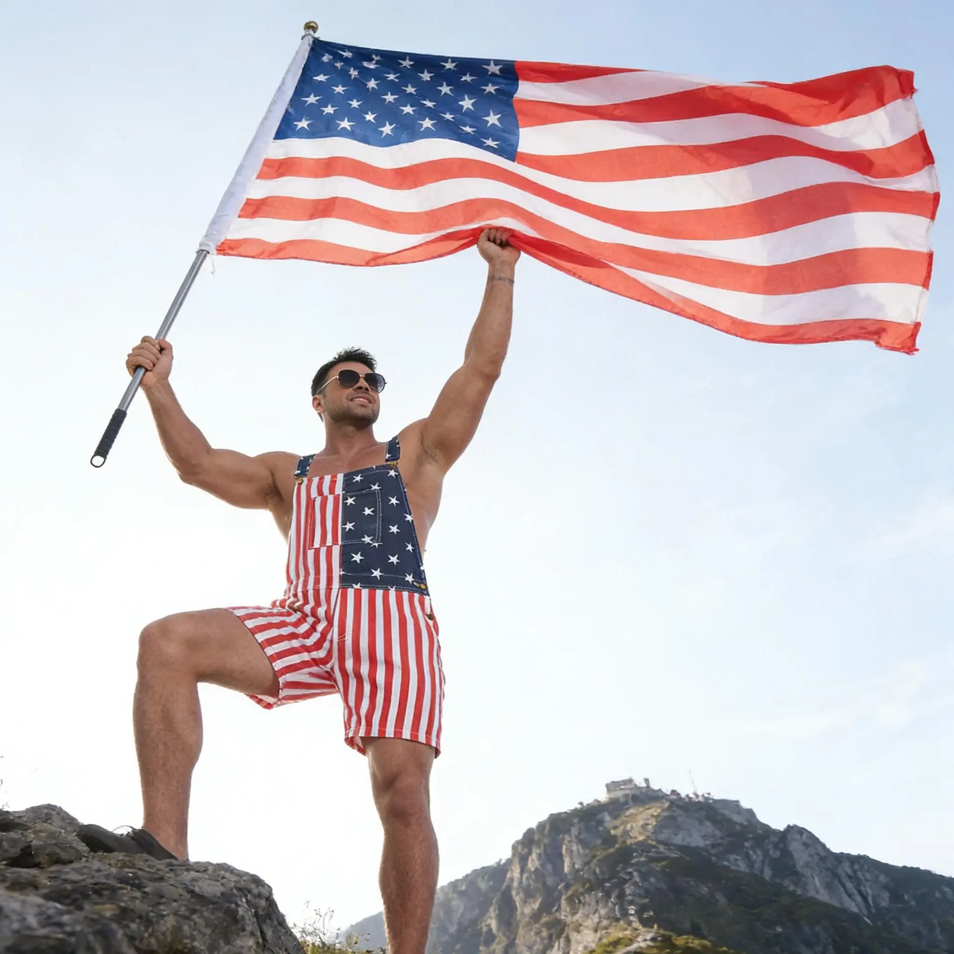 4th of July American Flag Overalls Shorts