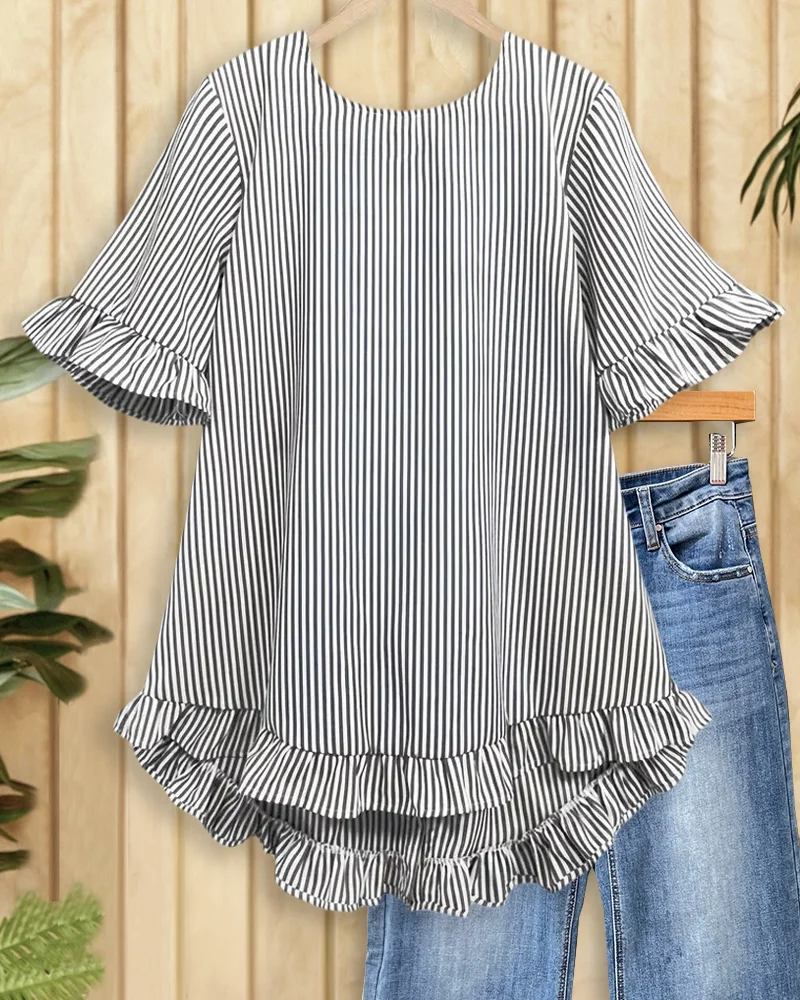 Mint Boutique Striped Round Neck Urban Ruffled Blouse