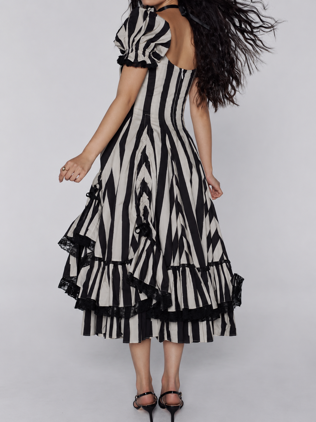Vintage Gothic Striped Lace Midi Dress