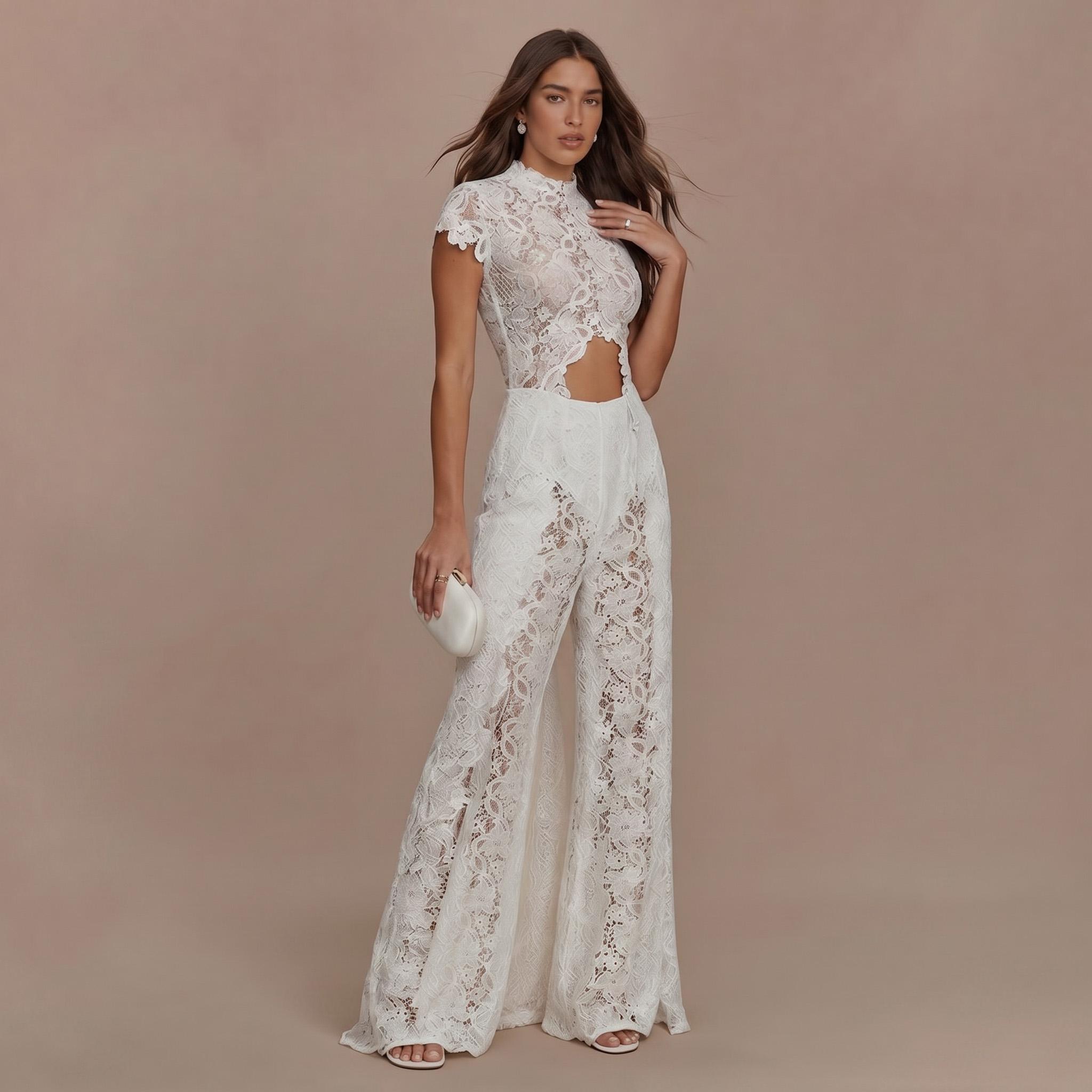 Lace Long-sleeved Top And Wide-leg Pants Set