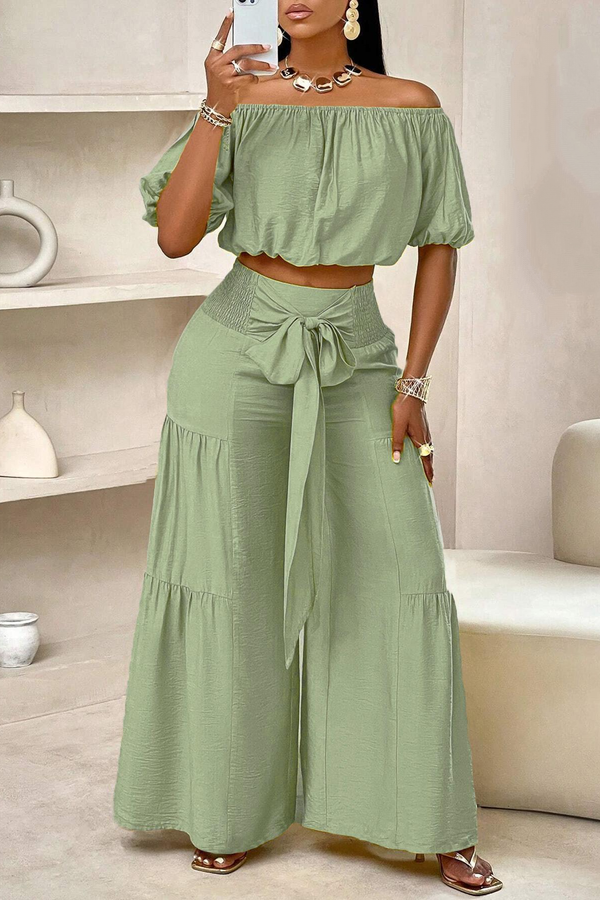 Women's Solid Color Top Wide Leg Pants Set
