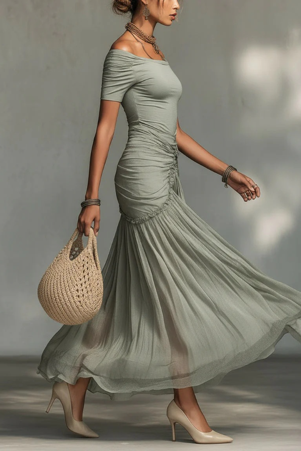 Stretch Fabric And Chiffon Maxi Dress